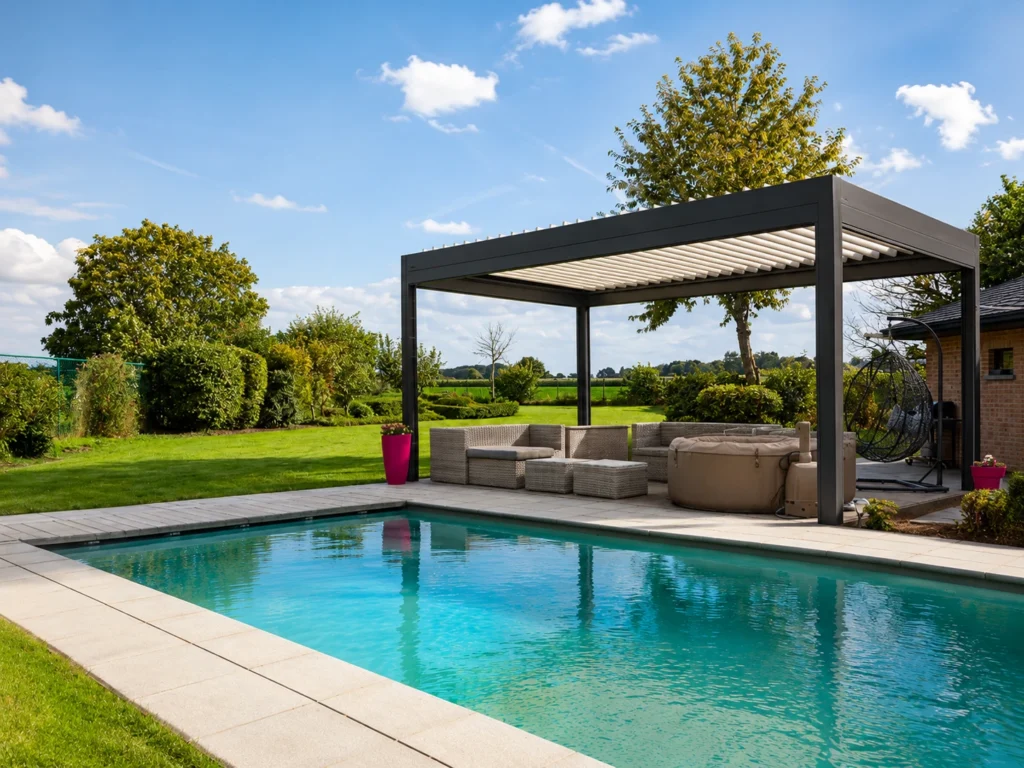 Bioklimatická pergola AGE s posezením u bazénu