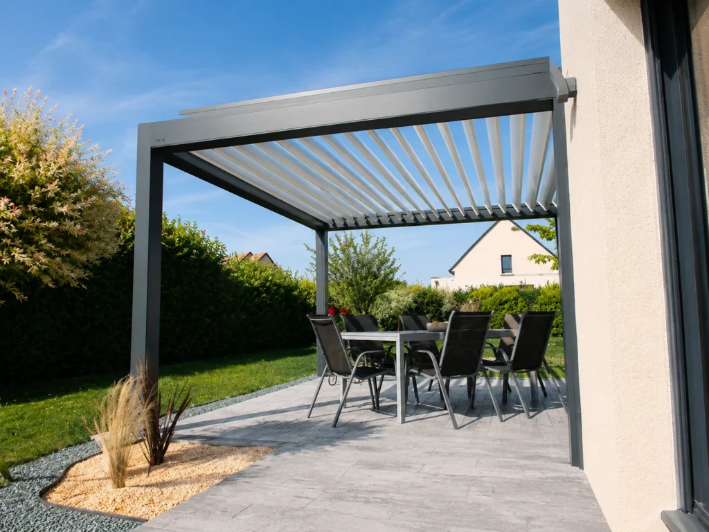 Bioklimatická pergola STAR s venkovním jídelním posezením
