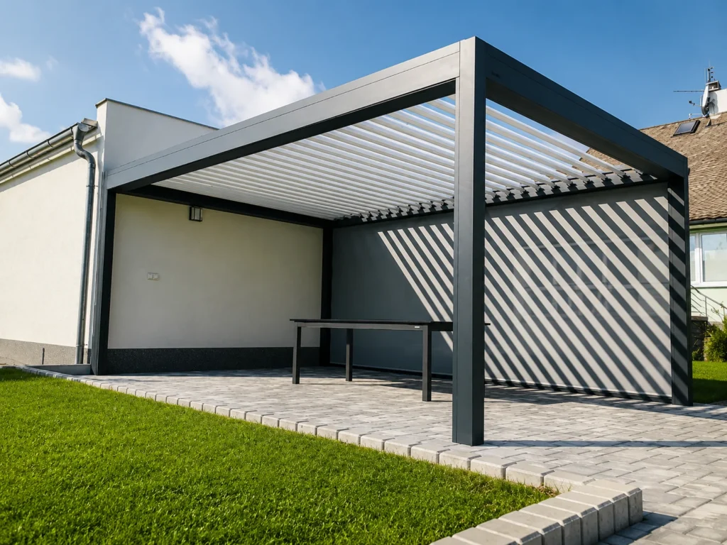 Bioklimatická pergola STAR s otočnými hliníkovými lamelami u rodinného domu