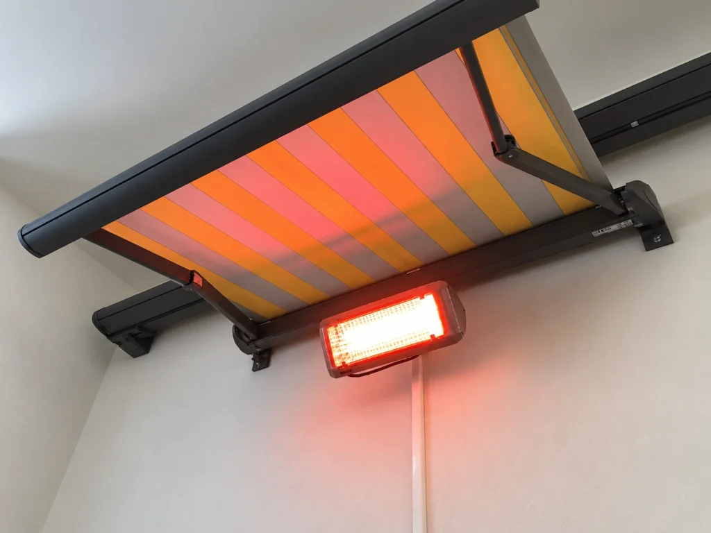 Infrazářič instalovaný pod výsuvnou markýzou