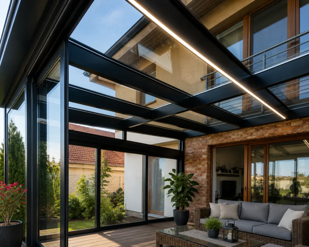 Integrované LED osvětlení dřevěné konstrukce zimní zahrady RolWood Garden