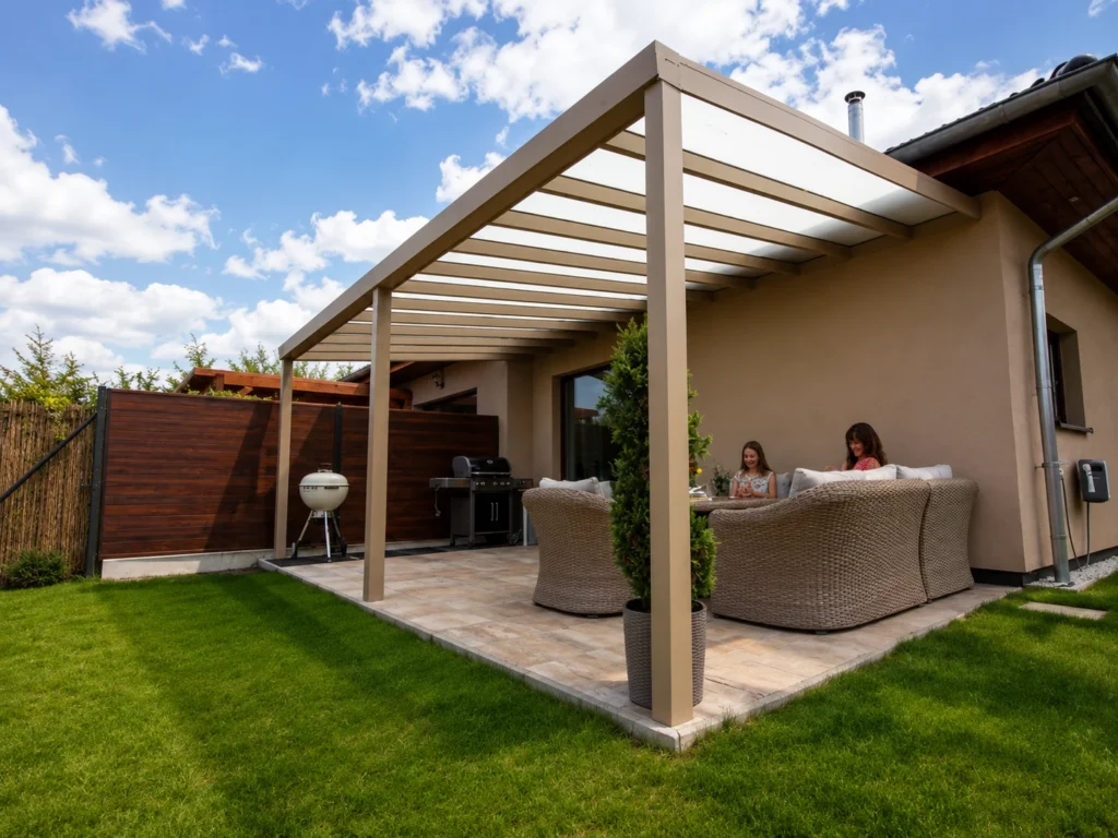 Pergola Bergman s hliníkovou konstrukcí u rodinného domu