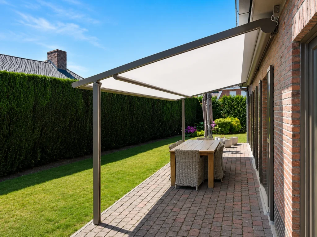 Pergola ZIP s látkovou střechou nad venkovním posezením