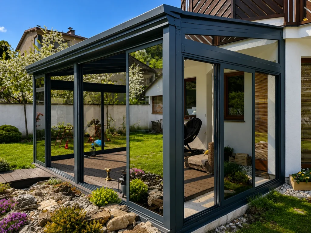 Moderní zasklená pergola s posuvnými skleněnými stěnami