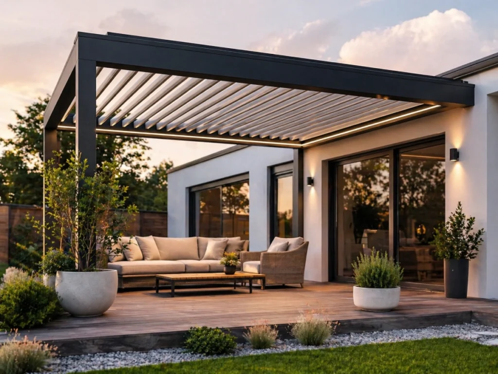 Bioklimatická pergola s venkovním posezením u rodinného domu
