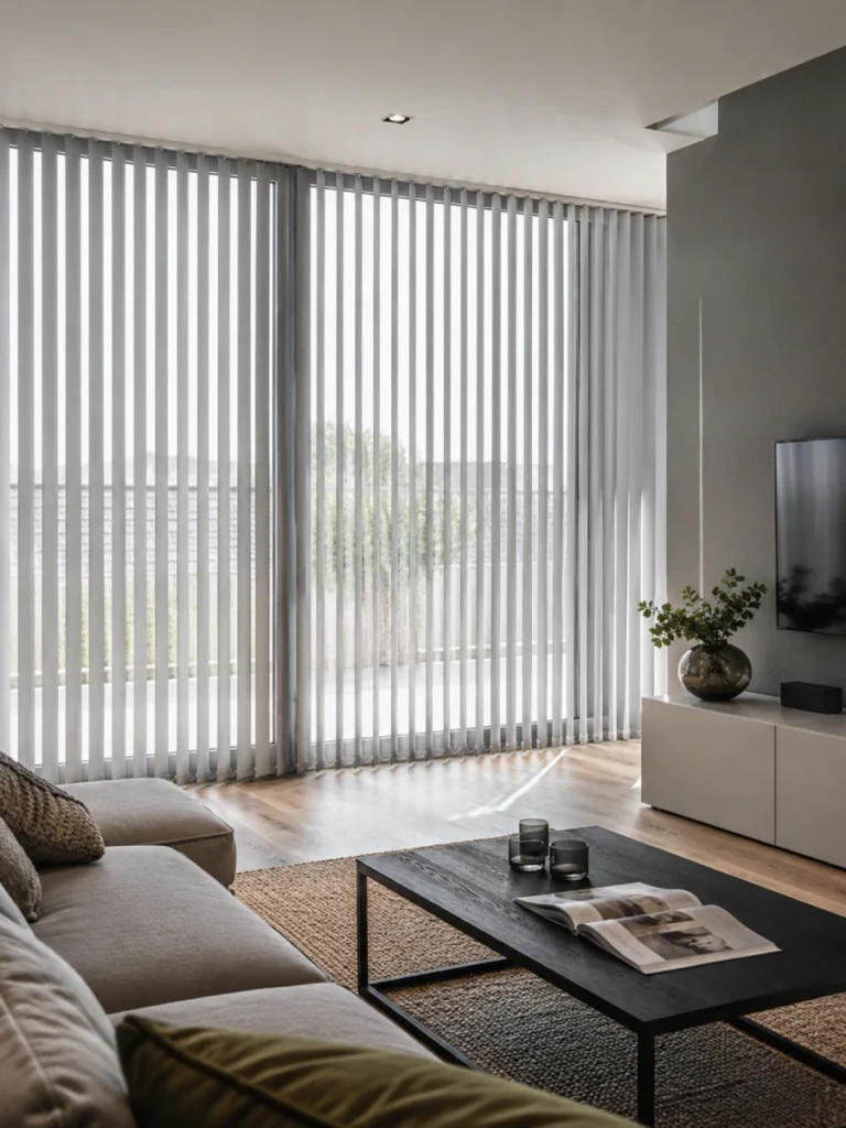Elegantní obývací pokoj s vertikálními žaluziemi v neutrálním odstínu, minimalistickým nábytkem a jemným denním světlem – moderní interiér spojující funkčnost a estetiku
