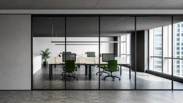 Moderní kancelářský prostor s prosklenou příčkou, minimalistickým designem a ergonomickými zelenými židlemi – ukázka elegantního řešení stínění a interiérového vybavení pro komerční budovy.