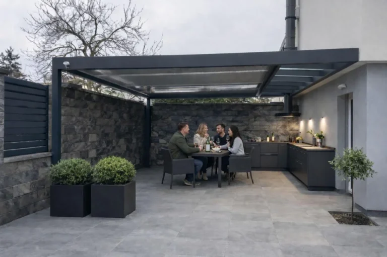 Moderní pergola s venkovní kuchyní a posezením