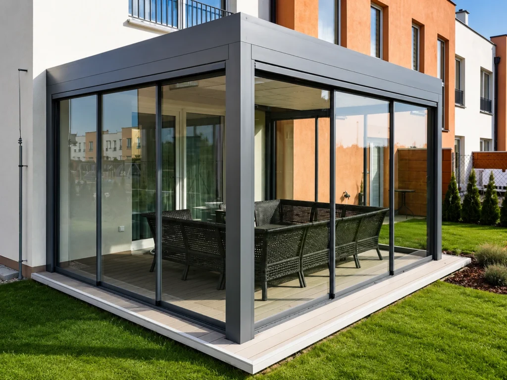 Moderní pergola s posuvným obvodovým zasklením
