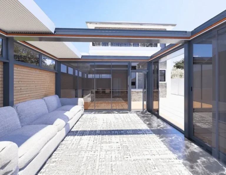 Moderní bioklimatická pergola s otevřenou lamelovou střechou