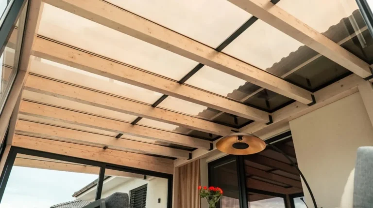 Detail zastřešení terasy s dřevěnou konstrukcí